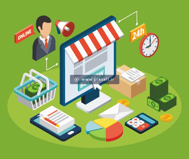 وکتور لایه باز طرح ایزومتریک با موضوع خرید آنلاین و حسابداری