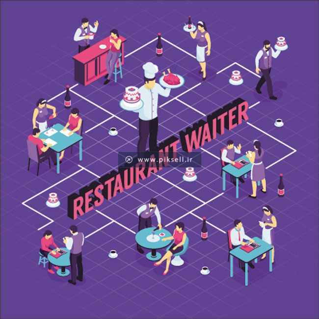 طرح لایه باز وکتور ایزومتریک با موضوع گارسون در رستوران یا Restaurant Waiter