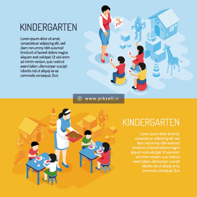فایل لایه باز وکتور ایزومتریک بنر با موضوع مهدکودک یا kindergarden