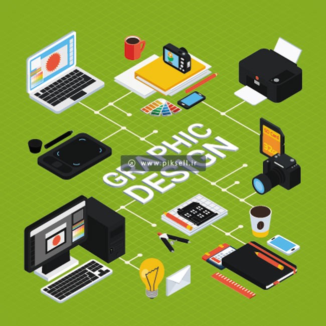 طرح وکتور بنر ایزومتریک با موضوع Graphic Design یا طراحی و گرافیک با فرمتهای eps و ai
