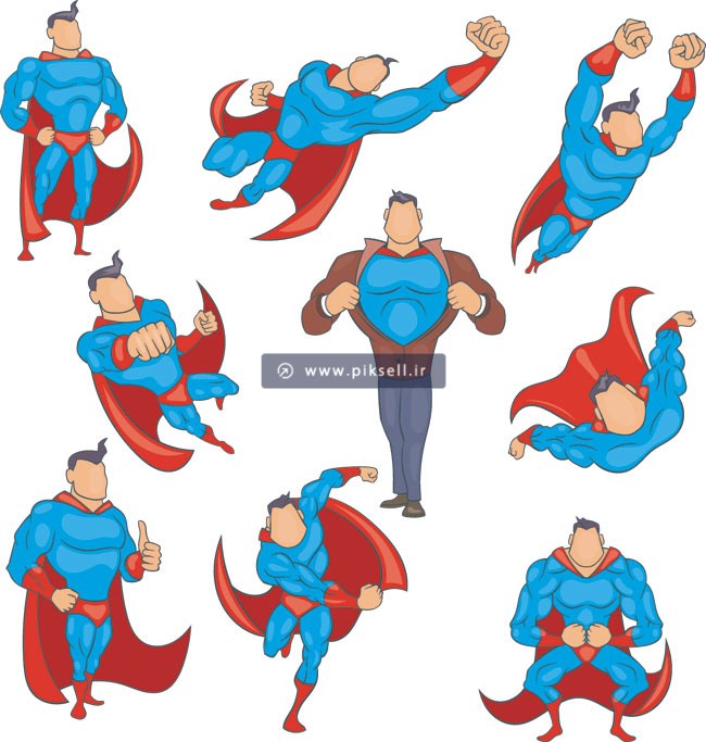 وکتور لایه باز مجموعه کاراکترهای کارتونی مرد قهرمان و Hero