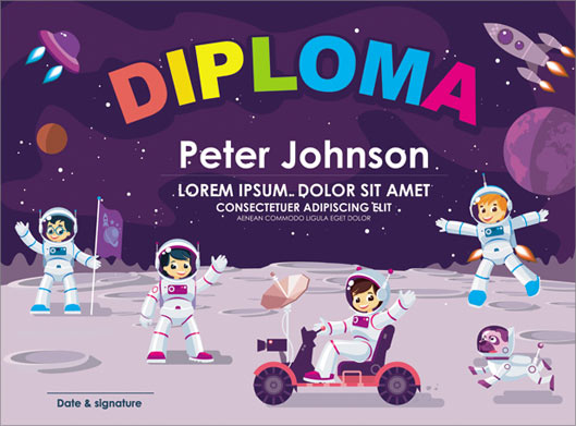 وکتور بکگراند کارتونی گواهینامه کودکانه با طرح سفر به فضا