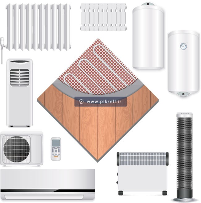 وکتور لایه باز مجموعه وسایل گرمایشی و سرمایشی شامل شوفاژ ، پکیج ، لوله کشی کف و ...