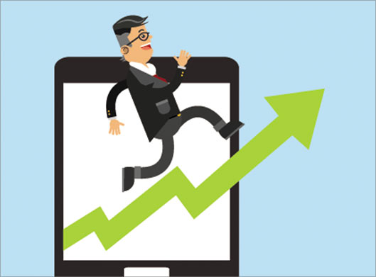 فایل وکتور طرح گرافیکی تبلت و افزایش قیمت و مردی در حال دویدن روی نمودار سبز