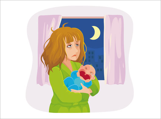 فایل گرافیکی و کارتونی وکتور مادر پریشان در شب در حال بچه داری