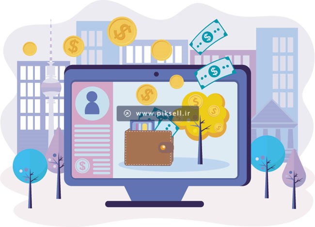 فایل گرافیکی و کارتونی مانیتور شهری و ثروت و کسب پول