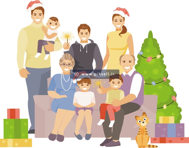 دانلود فایل وکتور گرافیکی و کارتونی خانواده شاد دور هم در شب کریسمس