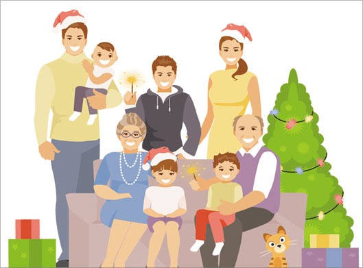 دانلود فایل وکتور گرافیکی و کارتونی خانواده شاد دور هم در شب کریسمس