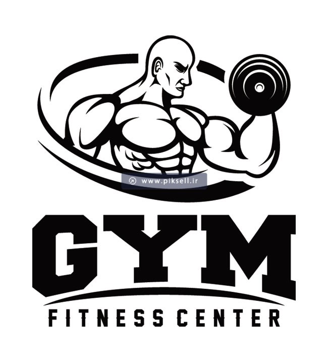 دانلود وکتور لایه باز مرد بدنساز در حال دمبل زدن و لوگوی gym و باشگاه بدنسازی