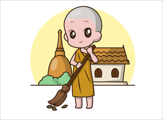 وکتور طرح گرافیکی و کارتونی ایکیو سان (iq sun) یا پسر بچه بودایی در حال جارو زدن