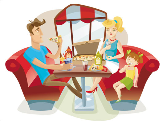 وکتور طرح گرافیکی و کارتونی خانواده شاد در حال خوردن پیتزا