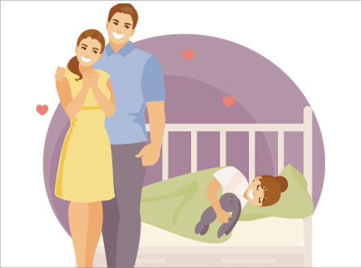 وکتور طرح کارتونی و گرافیکی زن و مرد جوان و دختر خوابیده در رختخواب