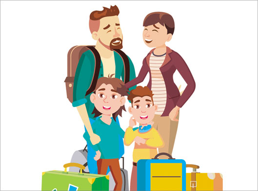 فایل وکتور لایه باز طرح کارتونی و گرافیکی خانواده شاد در حال رفتن به مسافرت