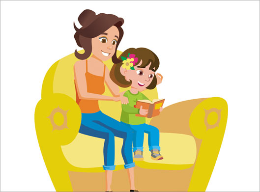 طرح کارتونی و گرافیکی مادر و دختر در حال خواندن کتاب روی مبل