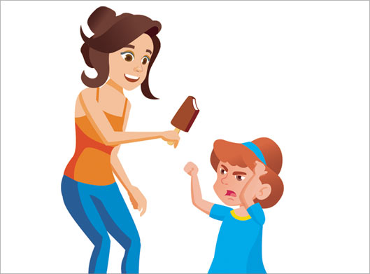 وکتور طرح کاراکتر کارتونی و گرافیکی دختر عصبانی و مادر و بستنی