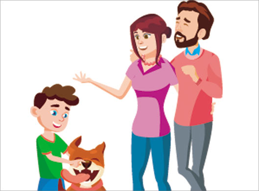 فایل لایه باز وکتور طرح کارتونی پدر و مادر و محبت به سگ توسط پسر