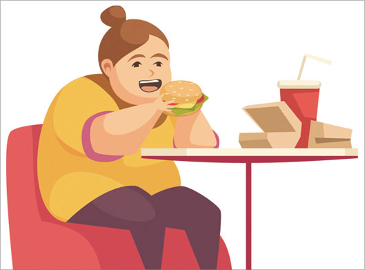 دانلود وکتور لایه باز طرح کارتونی زن چاق در حال خوردن همبرگر