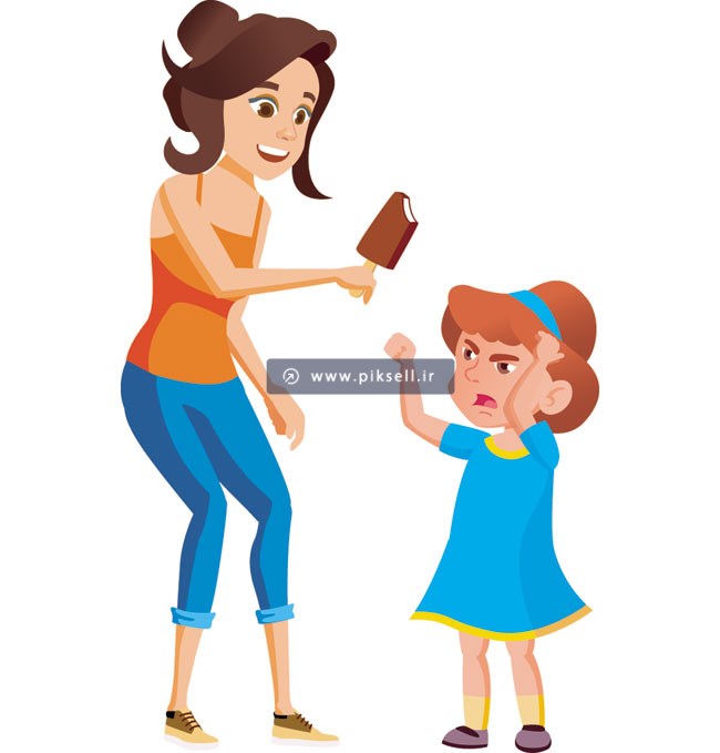 وکتور طرح کاراکتر کارتونی و گرافیکی دختر عصبانی و مادر و بستنی