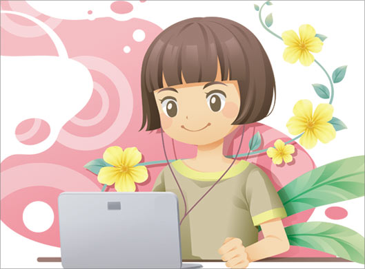 وکتور لایه باز طرح کاراکتر کارتونی دختر در حال کار با لپ تاپ