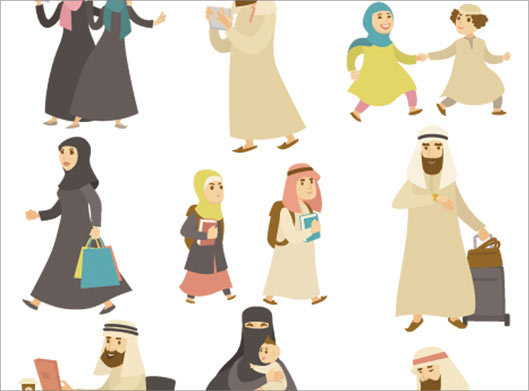 وکتور لایه باز مجموعه کاراکترهای کارتونی زن و مرد عرب مسلمان