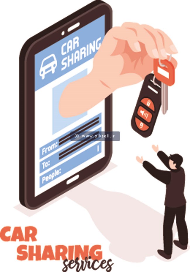 فایل وکتور لایه باز طرح ایزومتریک با موضوع کرایه خودرو از طریق موبایل