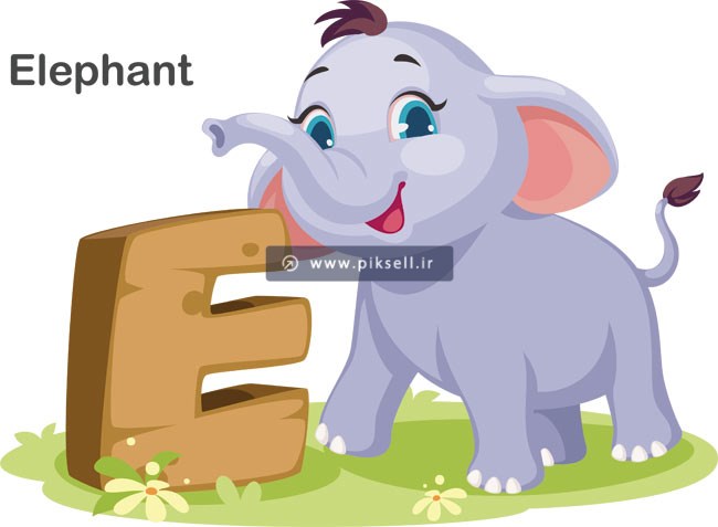 دانلود وکتور طرح کارتونی و گرافیکی حرف E انگلیسی و فیل خاکستری با مفهوم Elephant