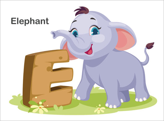دانلود وکتور طرح کارتونی و گرافیکی حرف E انگلیسی و فیل خاکستری با مفهوم Elephant