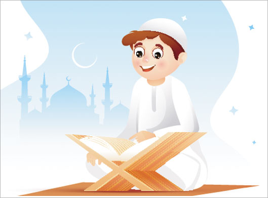 فایل لایه باز طرح کارتونی و گرافیکی پسر عرب در حال خواندن قرآن روی رحل