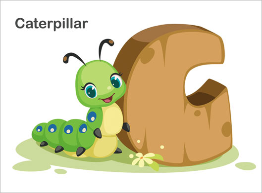 دانلود وکتور کاراکتر کارتونی کرم سبز و حرف c انگلیسی یا Caterpillar