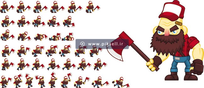 دانلود وکتور کاراکتر مرد تبر به دست با حالت های مختلف انیمیشن حرکتی یا اسپیرایت