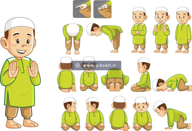 فایل وکتور مجموعه کاراکترهای نماز خواندن پسر مسلمان شامل رکوع ، سجده ، تشهد و سلام ، نیت و ...