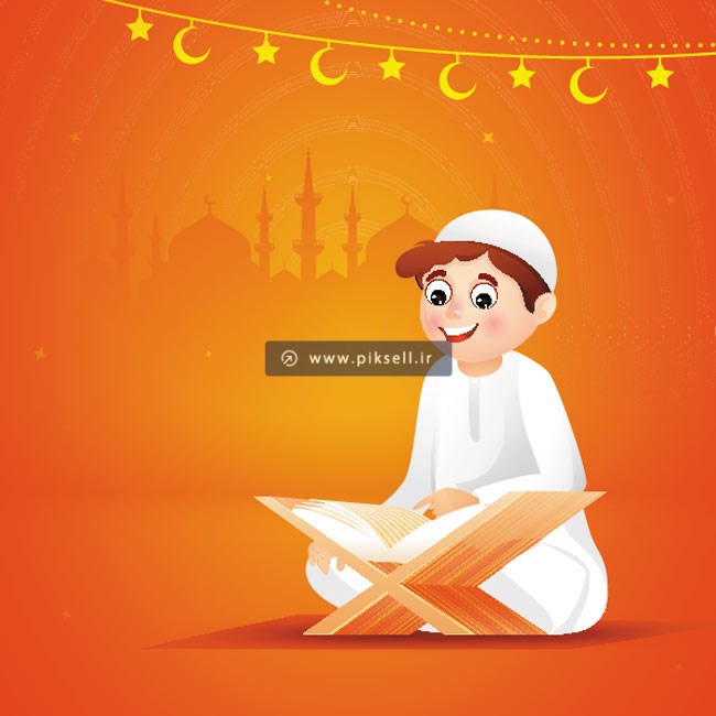 طرح وکتور کارتونی و گرافیکی پسر عرب در حال خواندن قرآن روی رحل