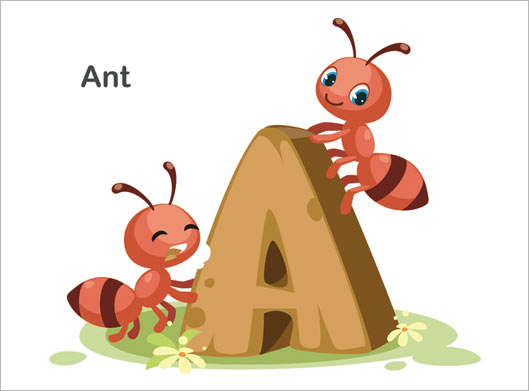 طرح وکتور لایه باز حرف انگلیسی A و ابتدای کلمه Ant با مفهوم مورچه