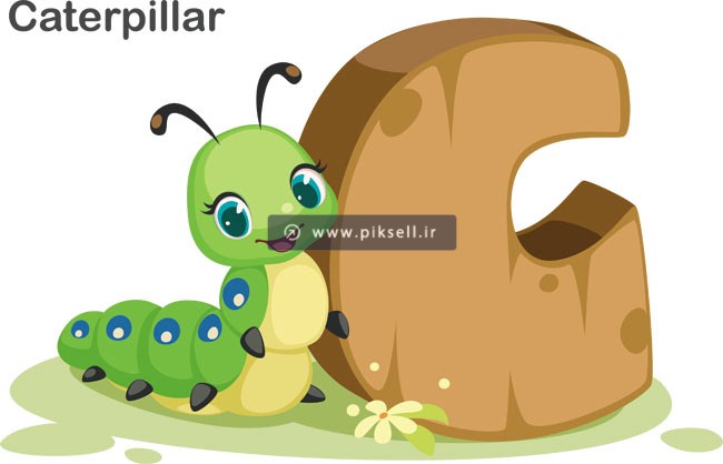 دانلود وکتور کاراکتر کارتونی کرم سبز و حرف c انگلیسی یا Caterpillar