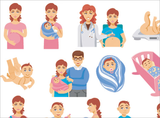 وکتور لایه باز مجموعه کاراکترهای زن و مرد ، بچه دار شدن ، حاملگی ، نوزاد و بچه