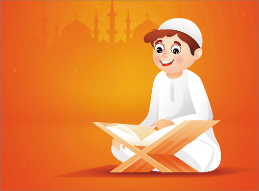 طرح وکتور کارتونی و گرافیکی پسر عرب در حال خواندن قرآن روی رحل
