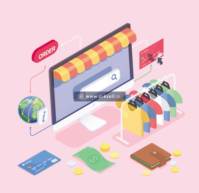 فایل لایه باز وکتور طرح ایزومتریک با موضوع خرید آنلاین و فروشگاه اینترنتی