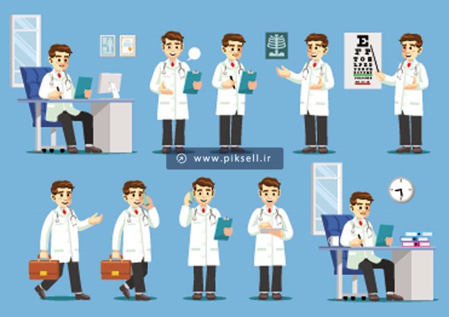 طرح وکتور لایه باز مجموعه کاراکترهای کارتونی پزشک در حالت های مختلف