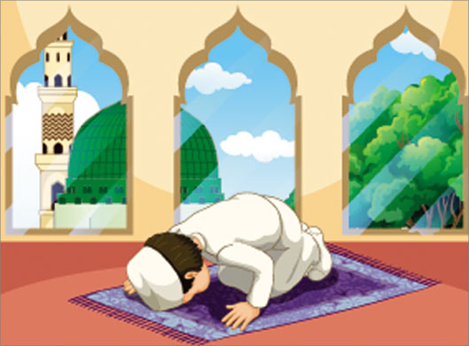 طرح وکتور گرافیکی و کارتونی پسر مسلمان در حال سجده در مسجدالحرام