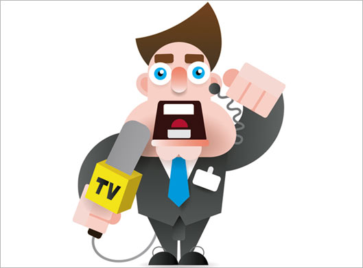 طرح گرافیکی و کارتونی کاراکتر مجری عصبانی و میکروفون در دست