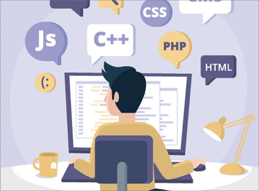 طرح لایه باز وکتور مرد برنامه نویس در حال برنامه نویسی جاوا ، css ، php و js