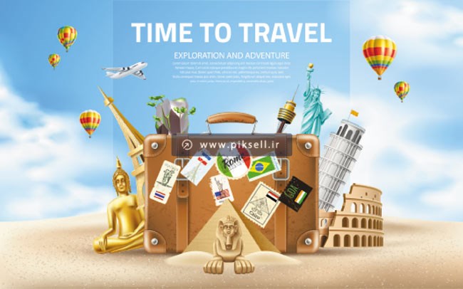 وکتور لایه باز طرح گرافیکی با موضوع زمان سفر و travel