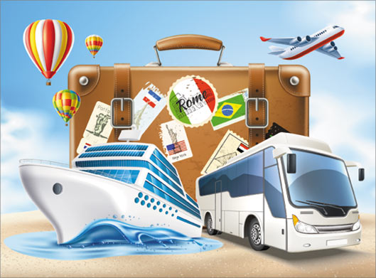 وکتور لایه باز طرح گرافیکی با موضوع سفر و travel با اتوبوس ، کشتی و هواپیما
