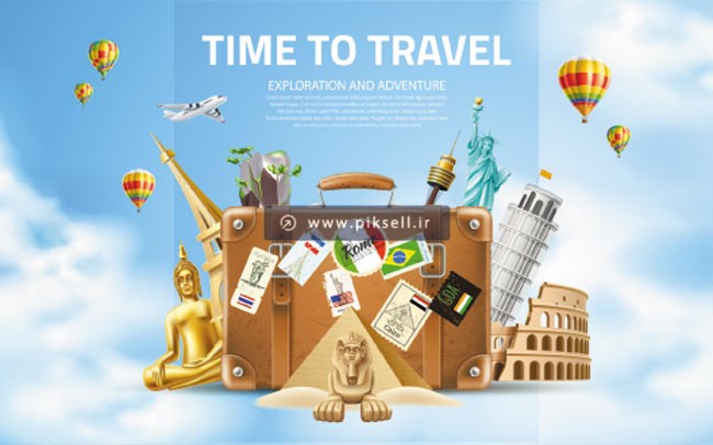 وکتور لایه باز طرح گرافیکی با موضوع سفر و travel با المان های اماکن تاریخی جهان