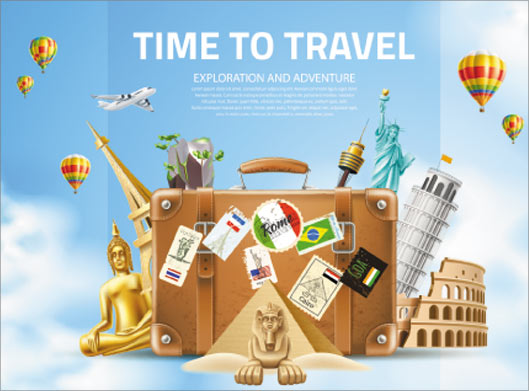 وکتور لایه باز طرح گرافیکی با موضوع سفر و travel با المان های اماکن تاریخی جهان