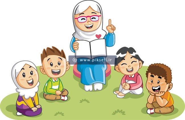 فایل لایه باز طرح کارتونی مادربزرگ مهربان در حال قصه گویی برای بچه ها