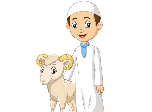 طرح وکتور لایه باز کاراکتر و شخصیت کارتونی پسر مسلمان و بز با طرح عید قربان