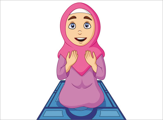 طرح لایه باز وکتور کاراکتر کارتونی دختر مسلمان سر سجاده در حال عبادت