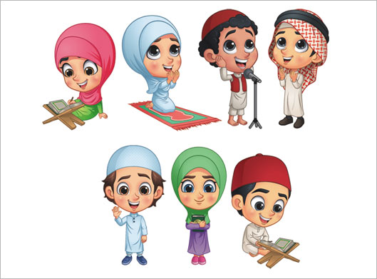 طرح وکتور مجموعه کاراکترهای کارتونی دختر و پسر مسلمان در حال عبادت