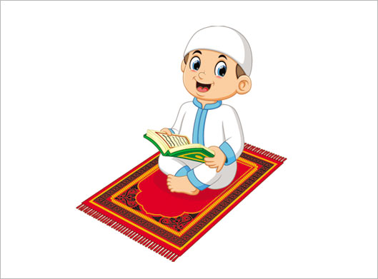 طرح وکتور کارتونی لایه باز پسر مسلمان در حال عبادت در سجاده
